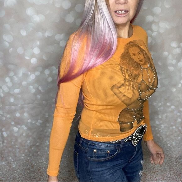 Long Sleeve Orange Mesh Embellished Top - Picture 14 of 15